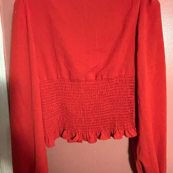 red/orange long-sleeve smocked square neck peplum top - Picture 3 of 4